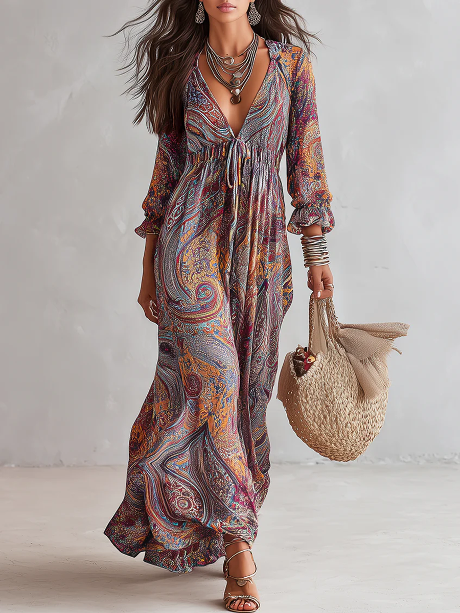 Multicolor paisley V-neck maxi dress with tie waist and long puff sleeves
