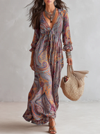 Multicolor paisley V-neck maxi dress with tie waist and long puff sleeves