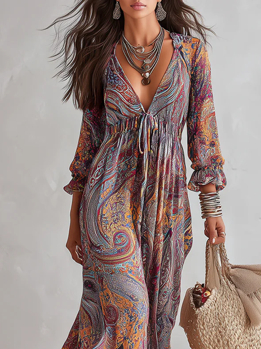 Multicolor paisley V-neck maxi dress with gathered bust and tie waist, long sleeves