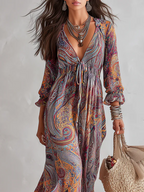 Multicolor paisley V-neck maxi dress with gathered bust and tie waist, long sleeves