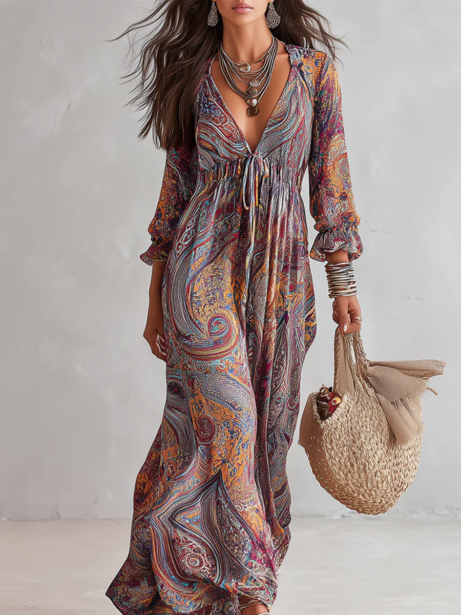 Multicolor paisley V-neck maxi dress with tie waist and flowy tiered hem