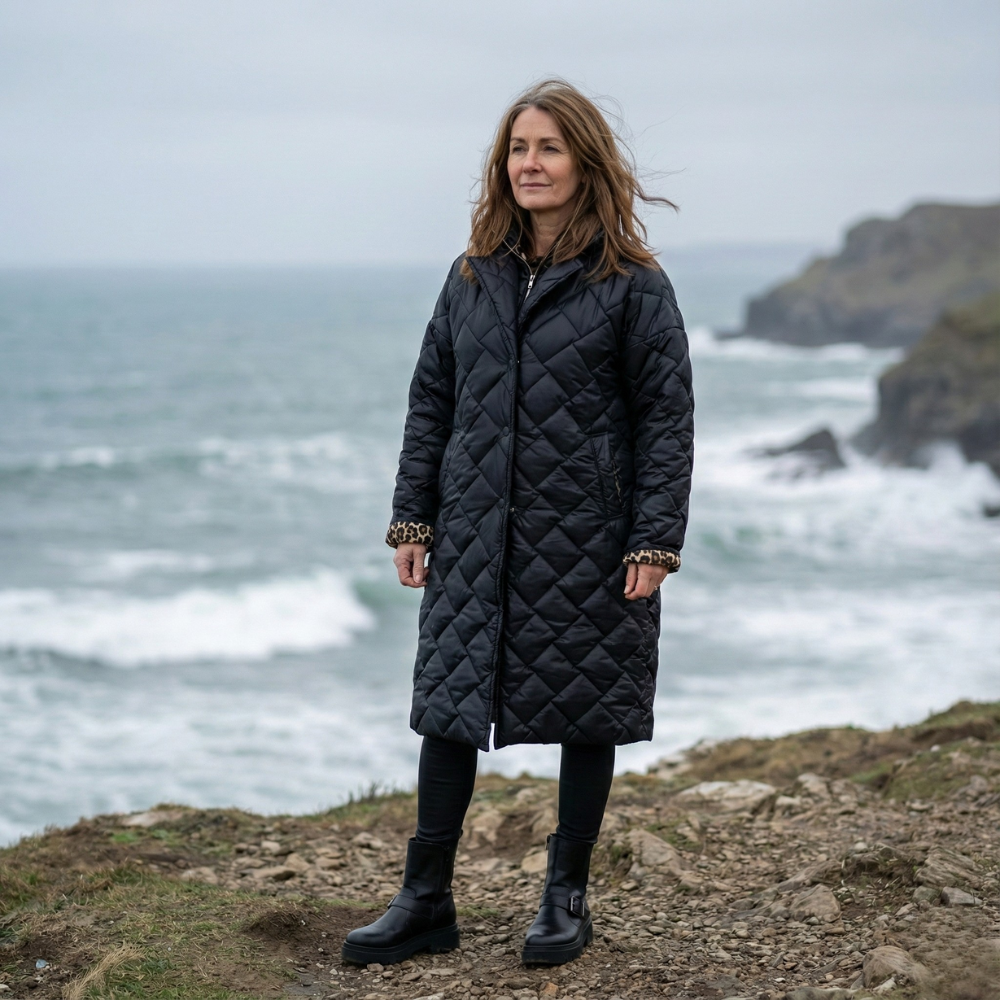 Black quilted long winter coat with zip front and high collar