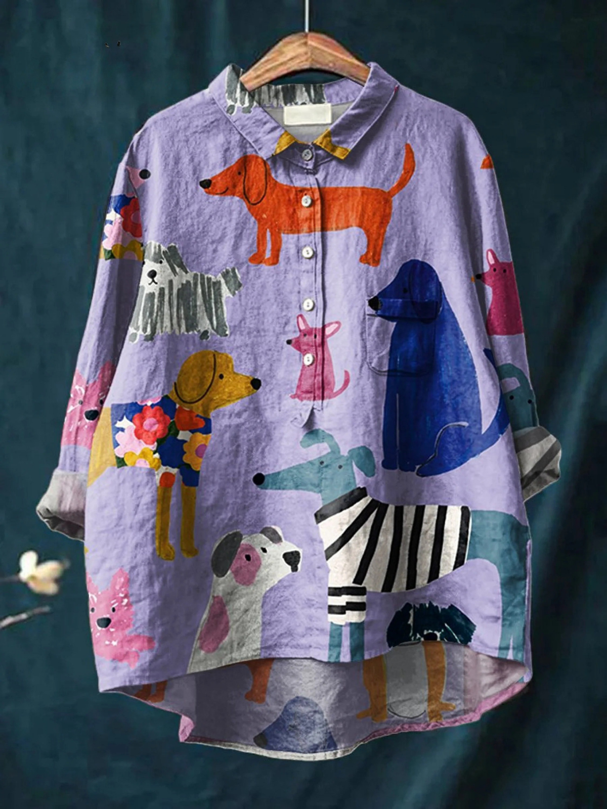 Women's dog art print casual shirt in lavender with colorful dog and animal graphics, button-front