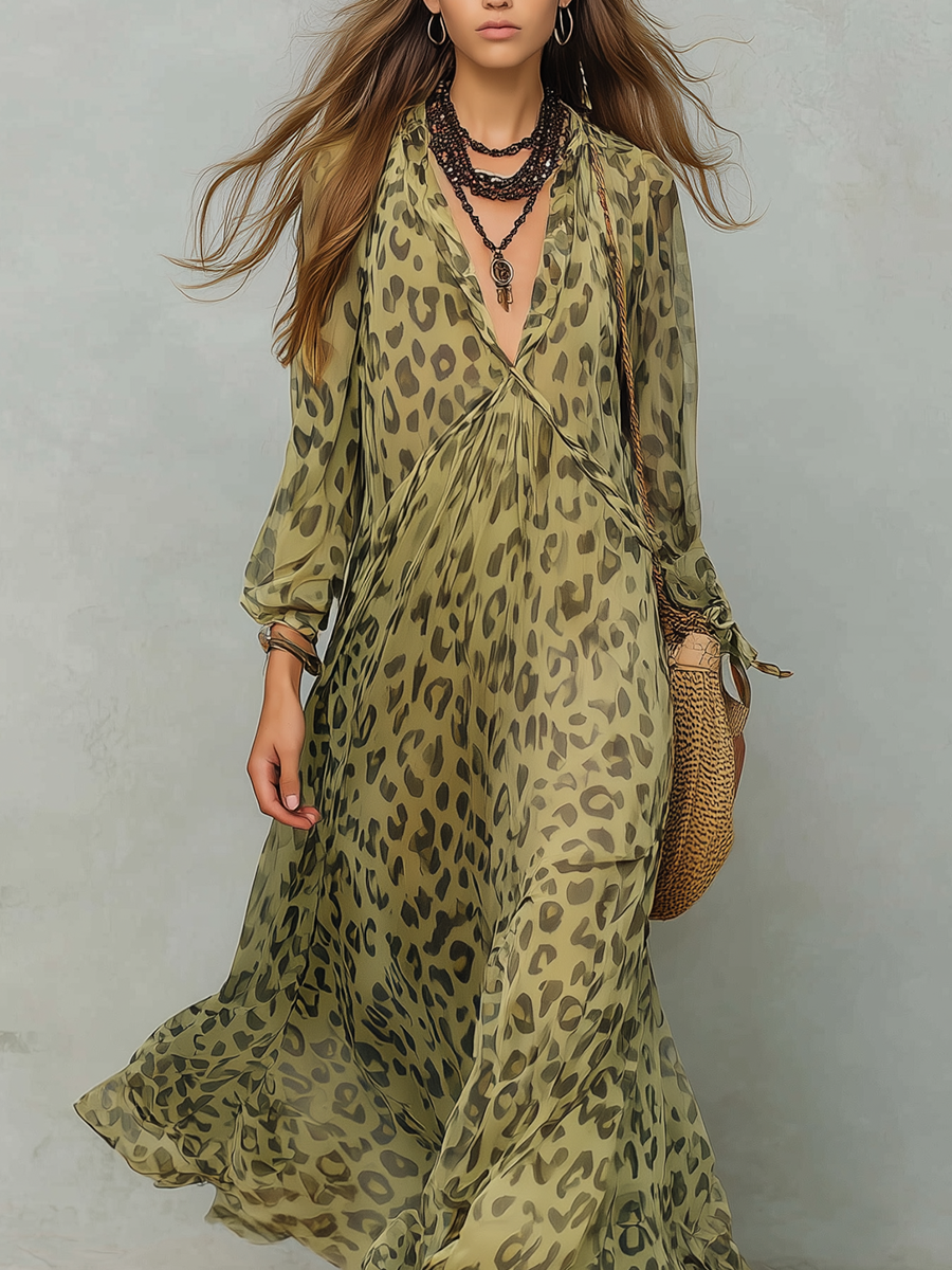 Olive green leopard print chiffon boho maxi dress with V-neck and floaty skirt