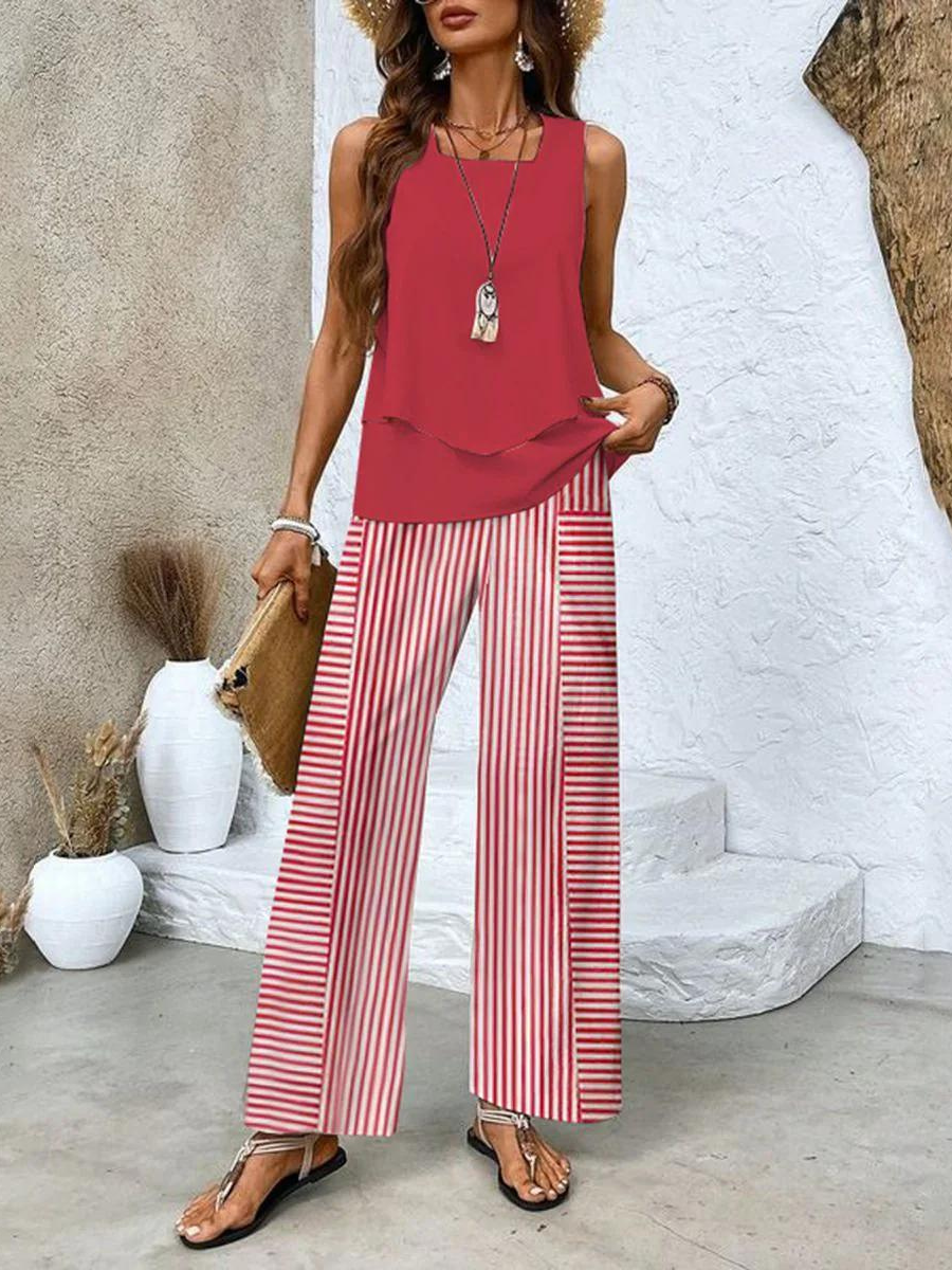 Red sleeveless layered top and striped wide-leg pants two-piece set