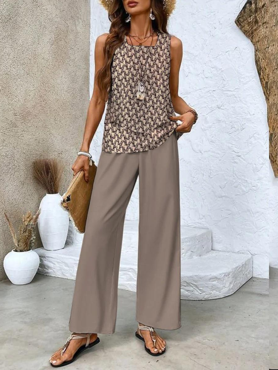Taupe two-piece set with patterned sleeveless top and wide-leg trousers