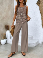 Taupe two-piece set with patterned sleeveless top and wide-leg trousers