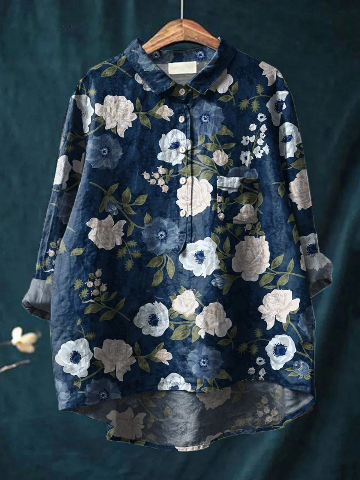 Women's casual shirt with navy floral art print, button-front and collar, long sleeves