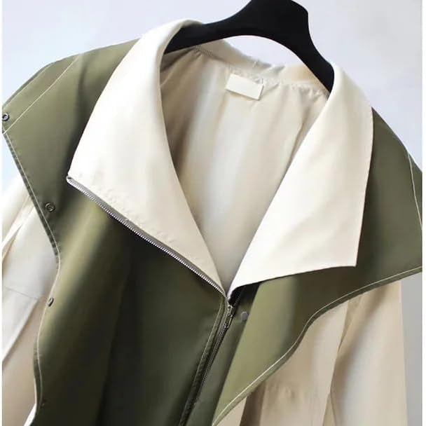 Two-tone windbreaker jacket neckline: olive outer with off-white inner panel and zipper