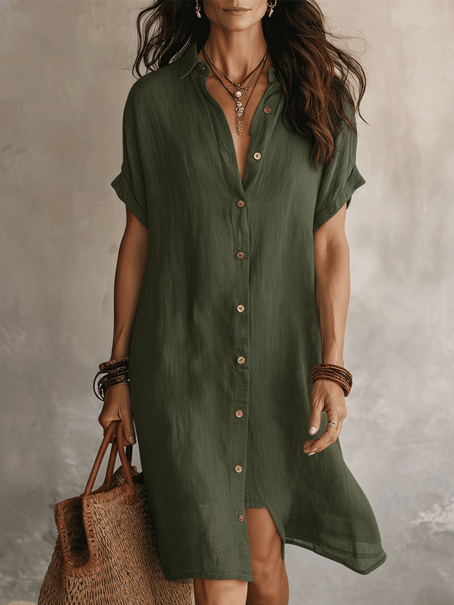 Green linen relaxed midi dress with short sleeves, V-neck, and center-button front