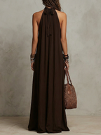 Dark brown halter neck long dress with back tie bow and sleeveless cut