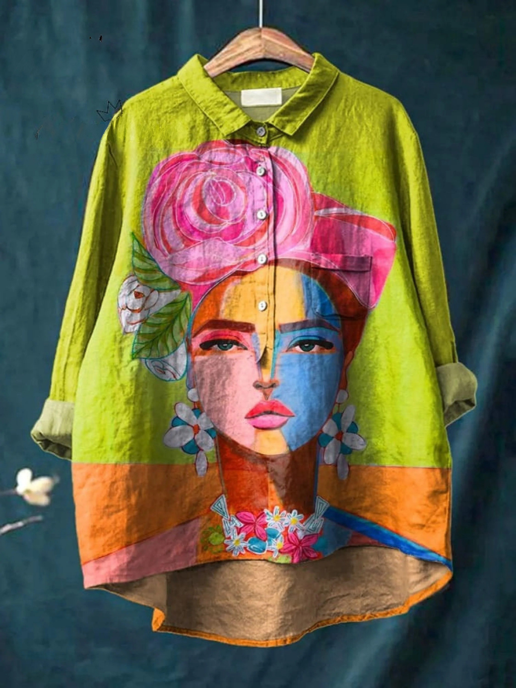 Women's casual button-up shirt in lime green with colorful portrait art print