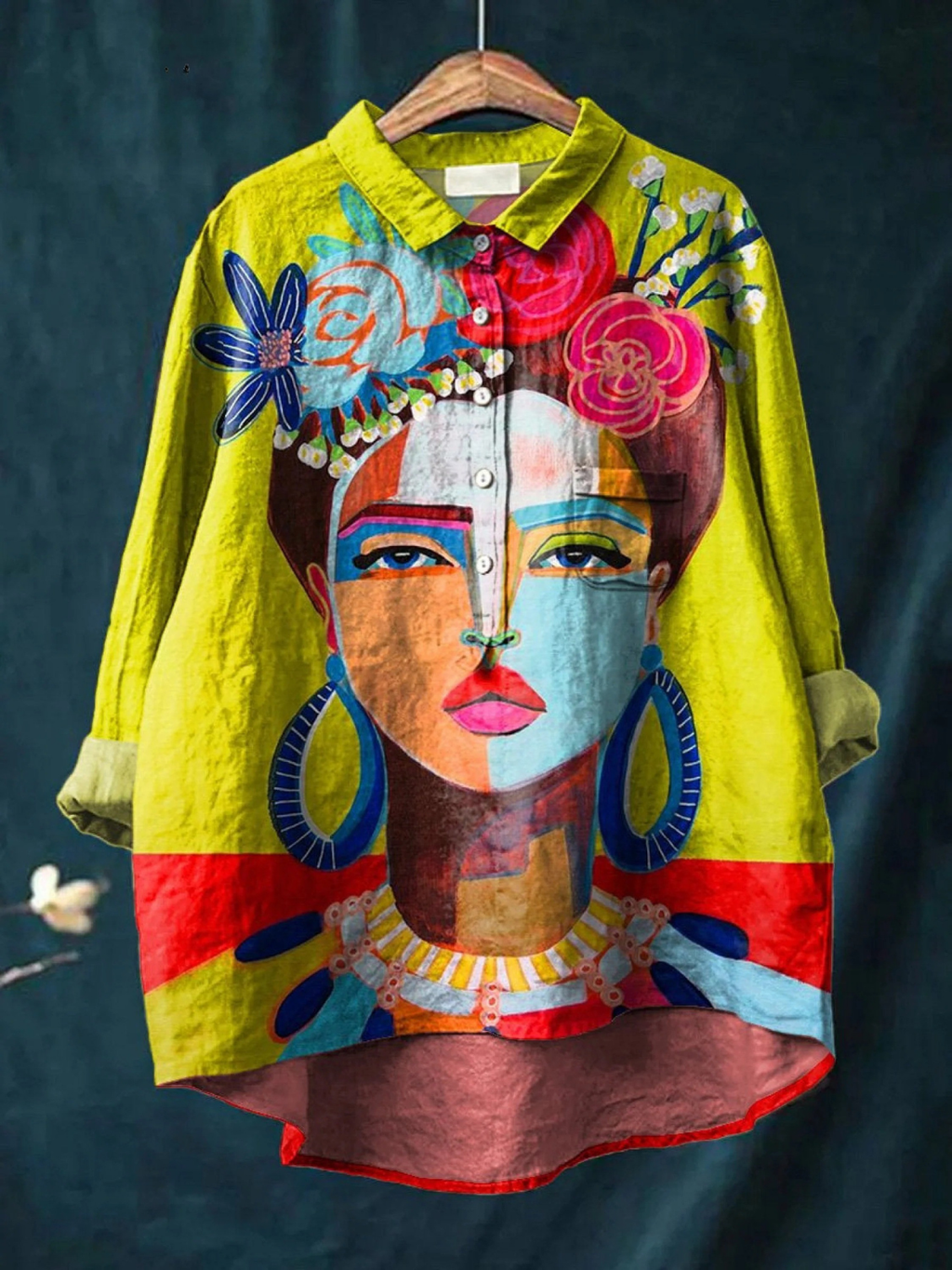 Women's casual button-up shirt in lime yellow with colorful portrait art print