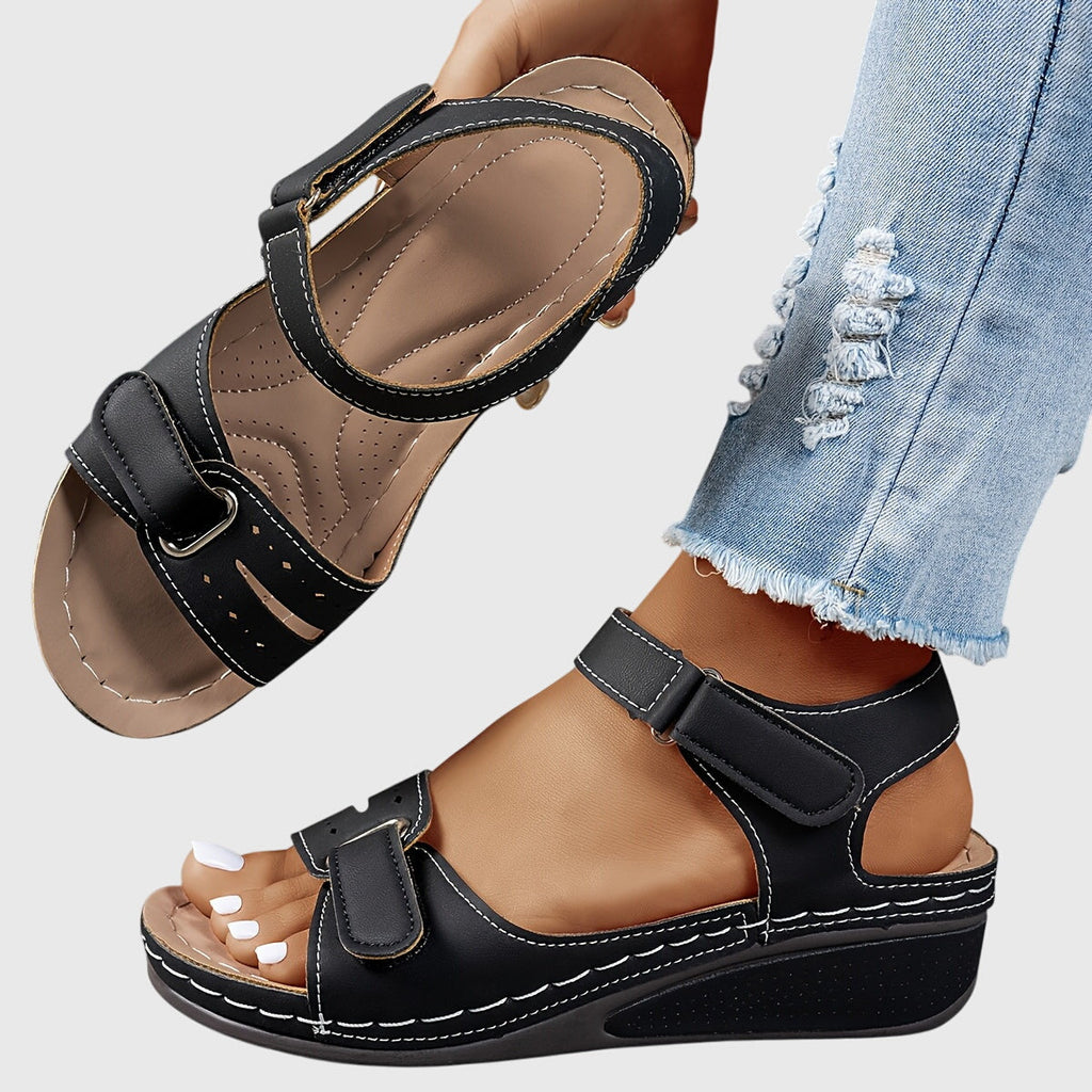 Crystal™ black orthopedic sandals with adjustable hook-and-loop straps and open toe