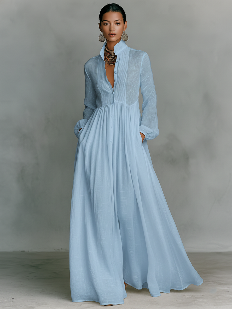 Women's light-blue long-sleeve maxi dress with stand-up collar, button-front and patchwork