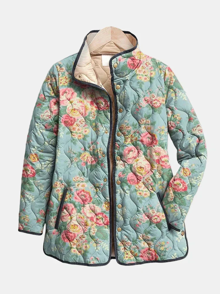 Quilted floral print jacket with hood, teal blue, pink and beige buttoned front