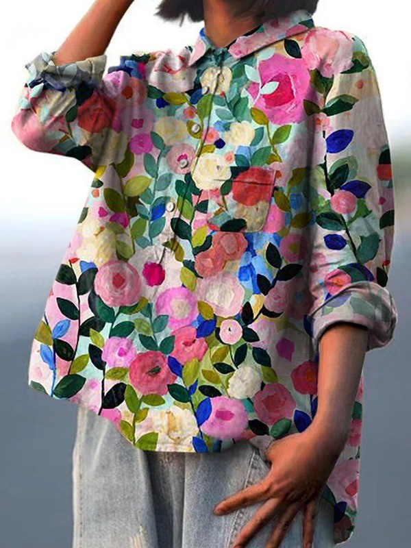 Multicolour garden floral women's shirt, button front, rolled sleeves, relaxed fit