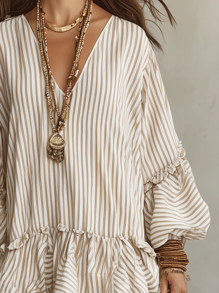 Off-white vertical striped boho mini dress with deep V neckline and ruffled hem