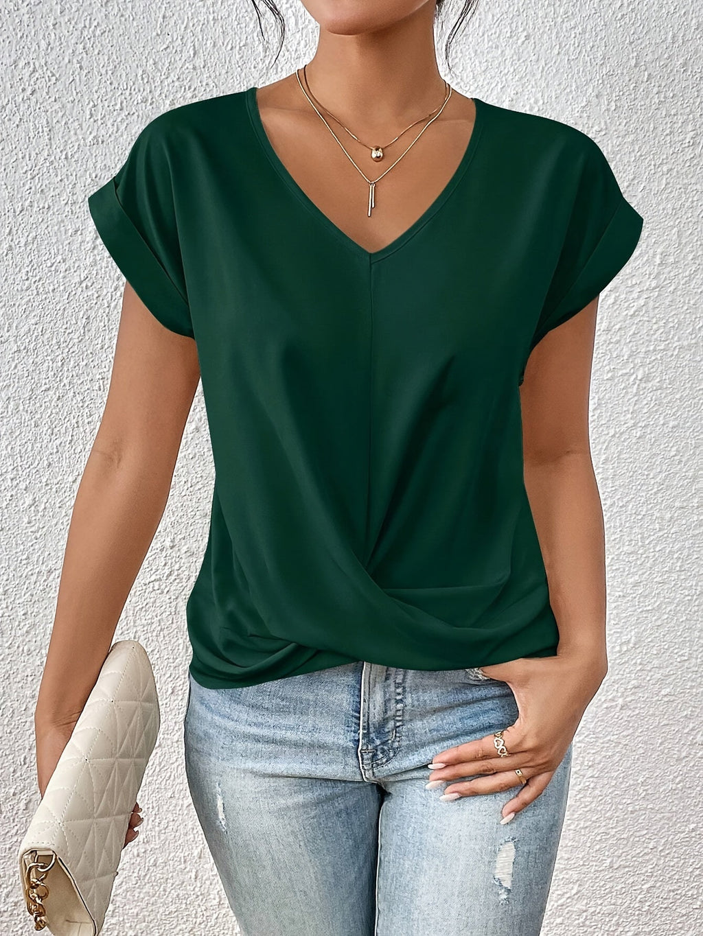 Women’s Cleo™ classic V-neck t-shirt with twist-front hem, deep green