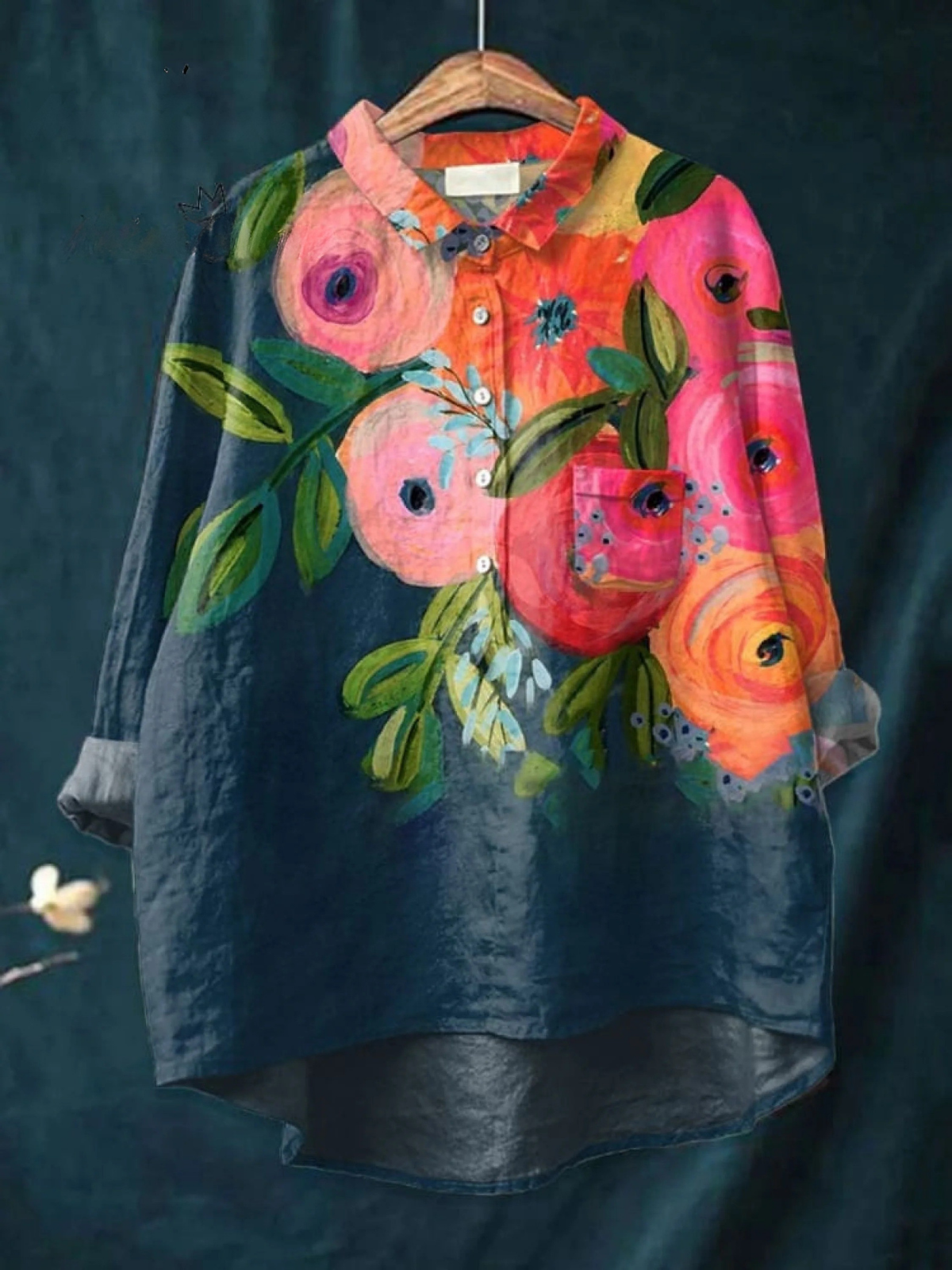 Women's casual shirt with multicolor floral art print, button-front, long sleeves.