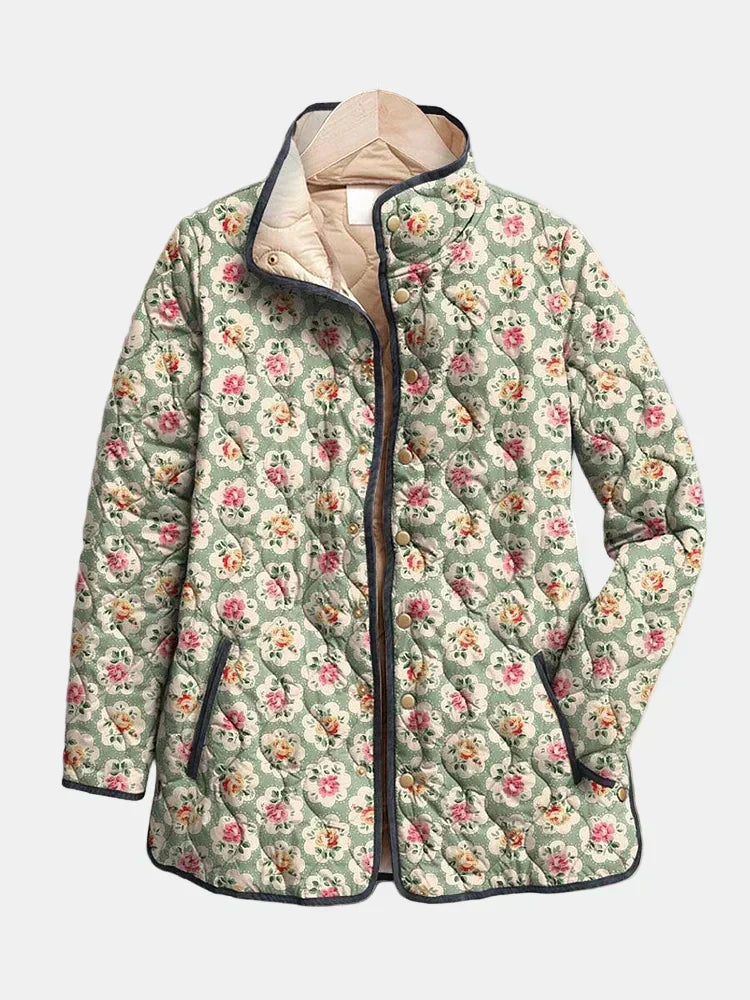 Quilted floral art print jacket with hood, full zip and pockets