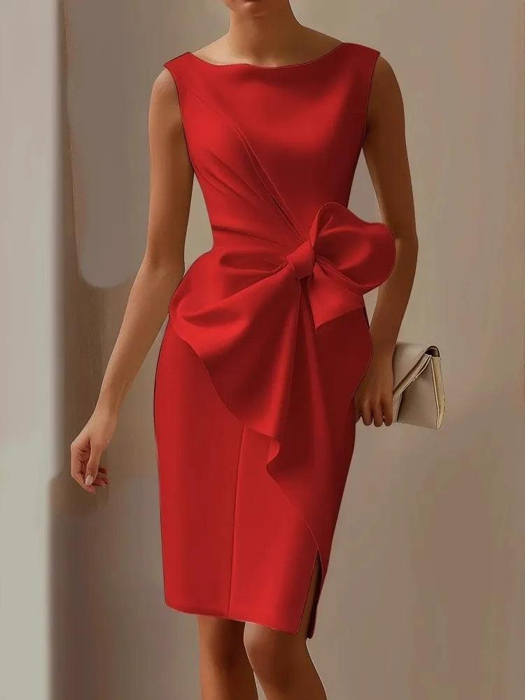 Red satin sleeveless bow-tie sheath dress with oversized waist bow and side slit