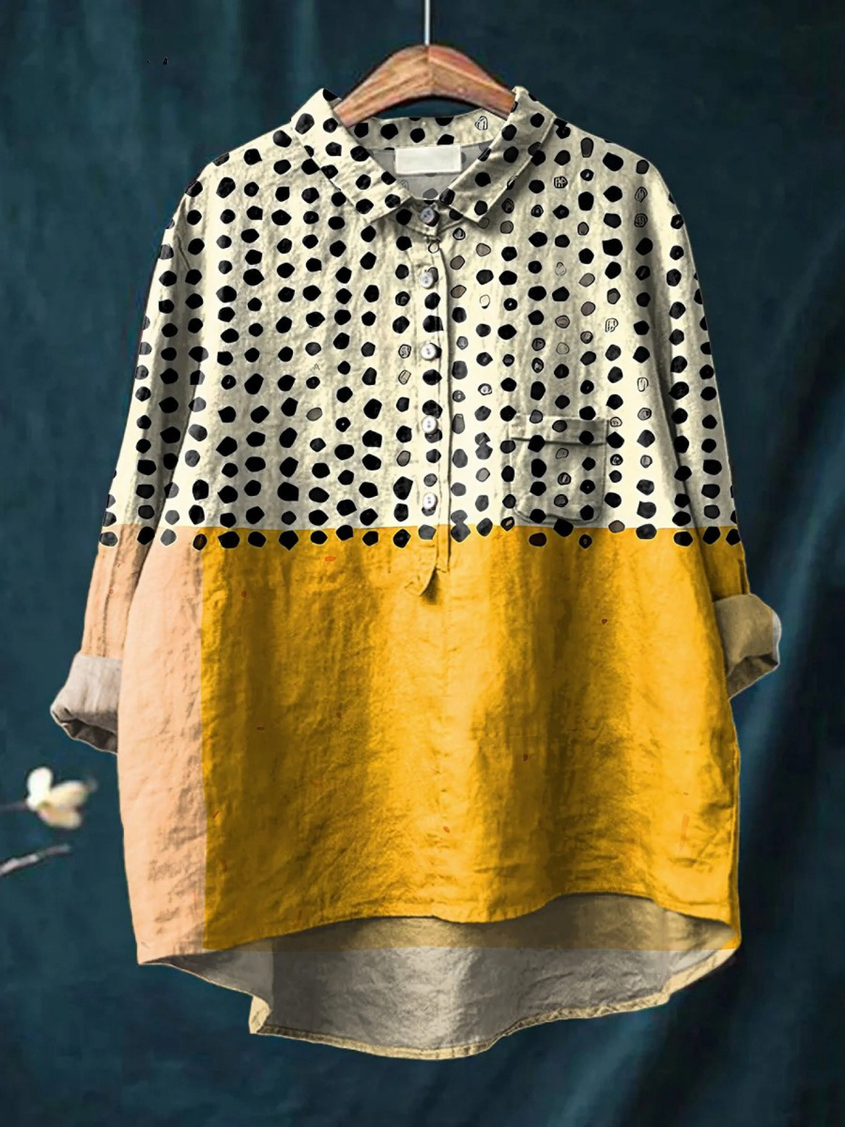 Women’s casual shirt, yellow color-block with black dot print, button-front, chest pocket