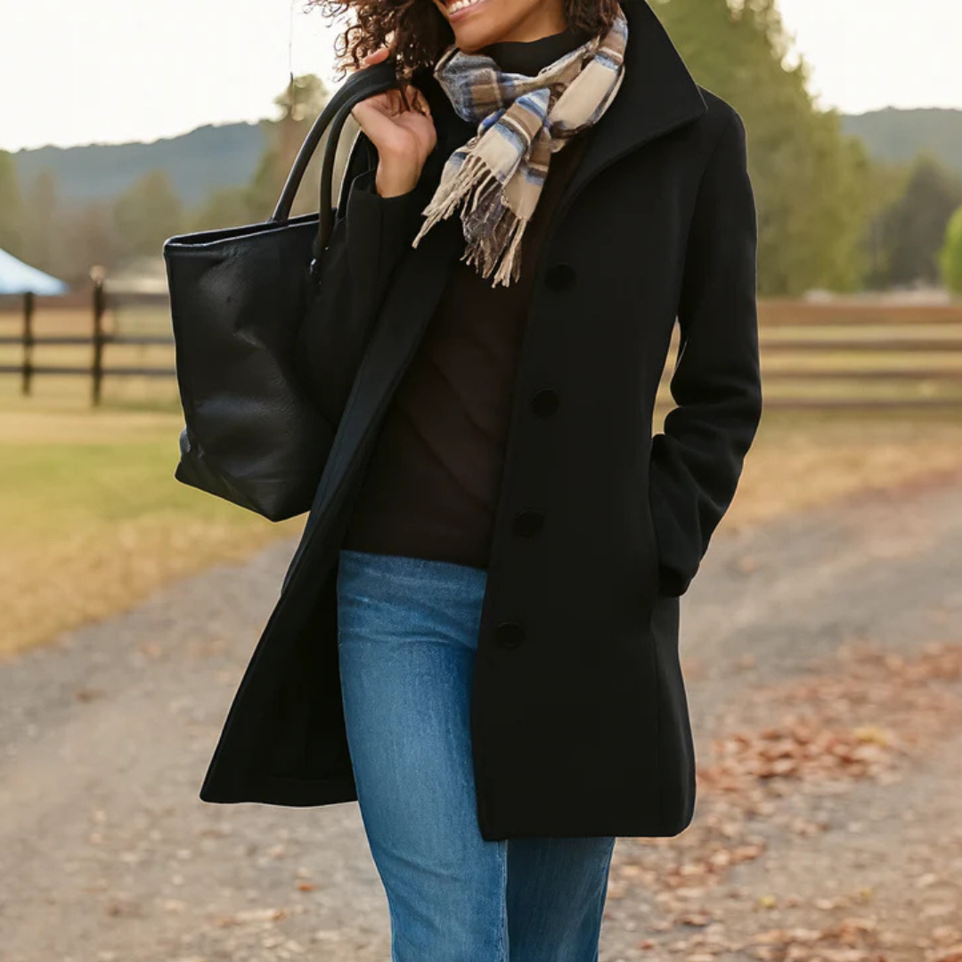 Black long coat with notch lapels and dark button front, quilted lining at opening.