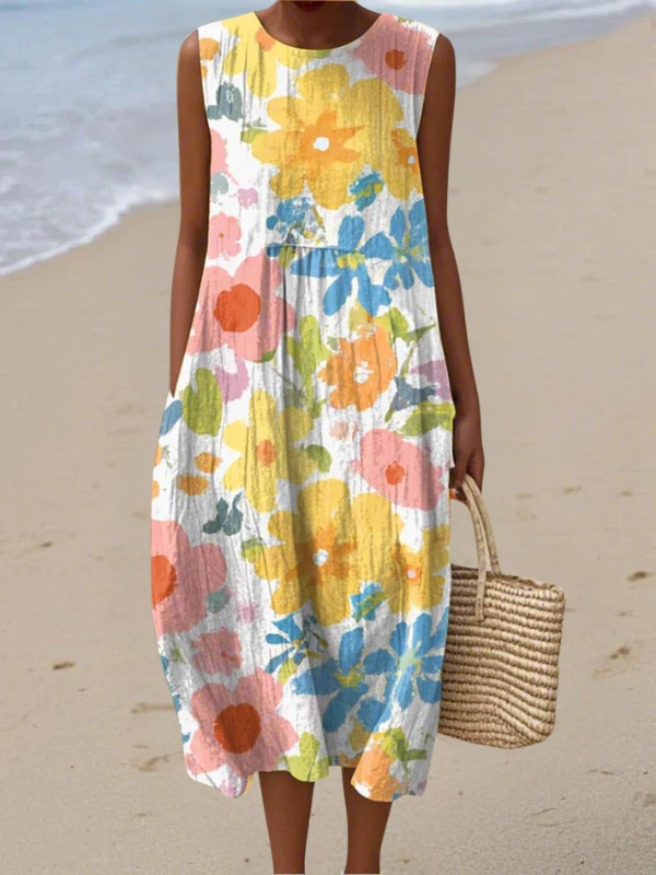 Ella™ pastel floral midi dress, sleeveless round neck, colorful daisy-style print