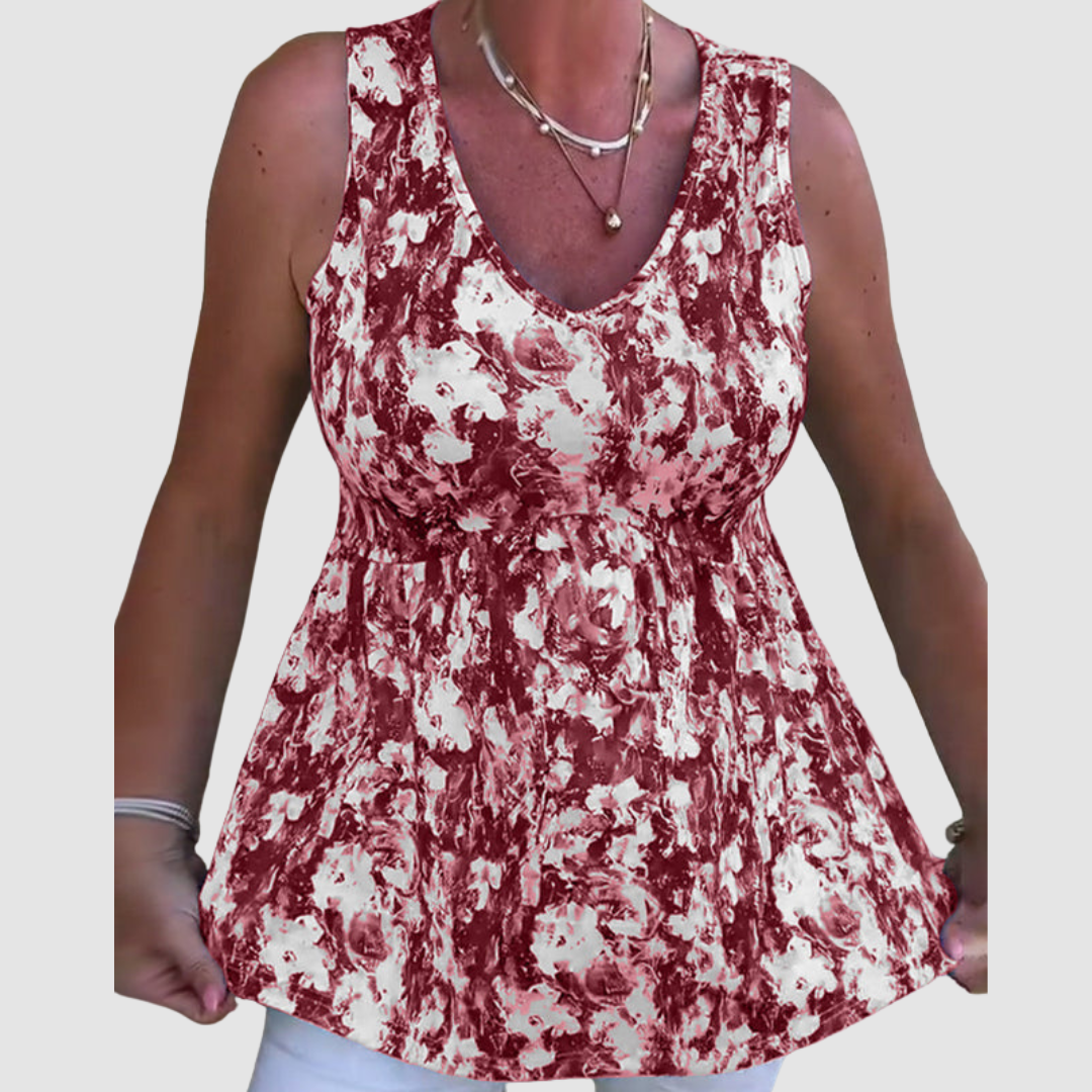 Soft breathable sleeveless top, maroon-and-white abstract print, V-neck, gathered waist