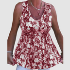 Soft breathable sleeveless top, maroon-and-white abstract print, V-neck, gathered waist