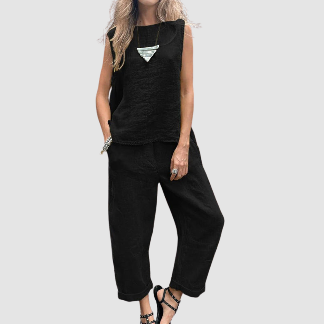 Black two-piece summer set with sleeveless tank and wide-leg pants
