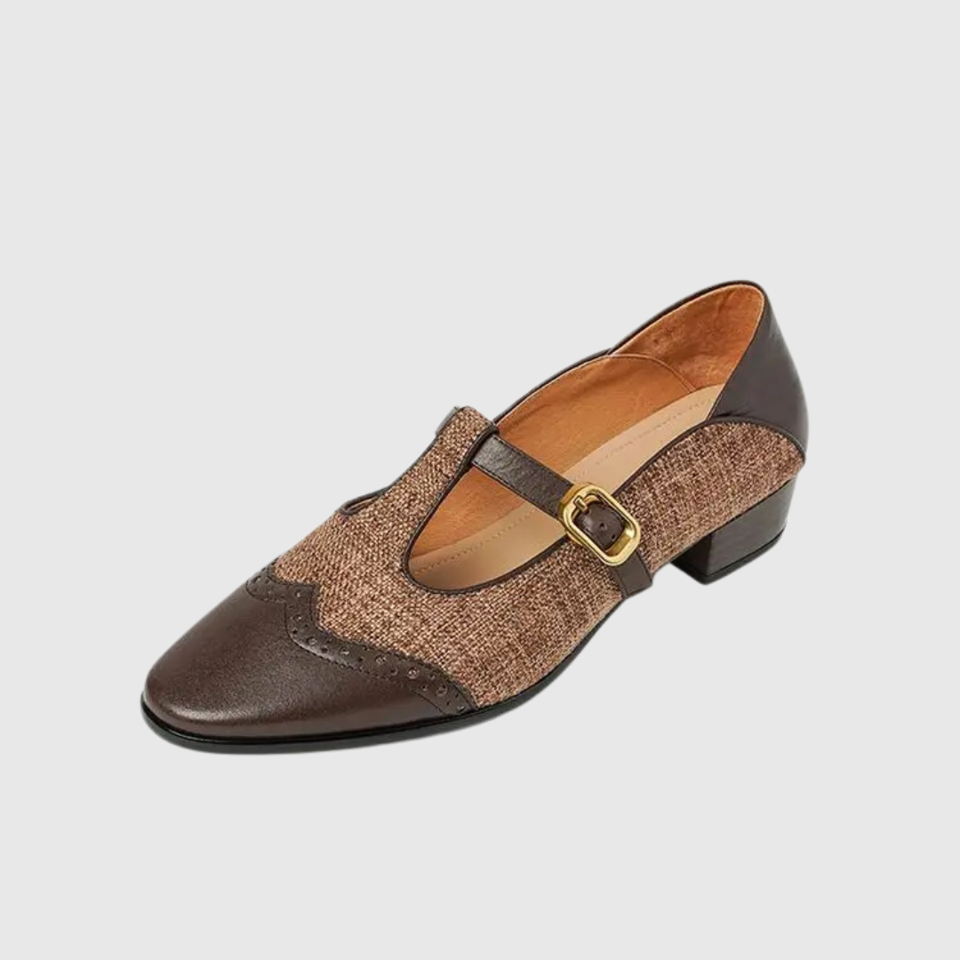Vintage T-strap shoes, brown leather and tan woven upper with gold buckle T-strap