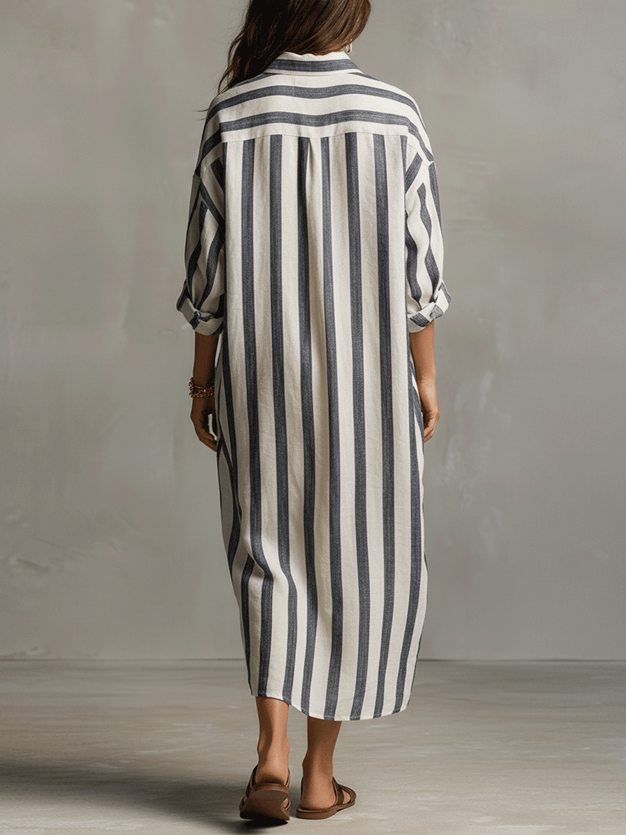 Striped maxi dress with long sleeves, button-back, vertical black-and-white stripes