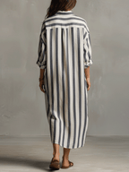 Striped maxi dress with long sleeves, button-back, vertical black-and-white stripes