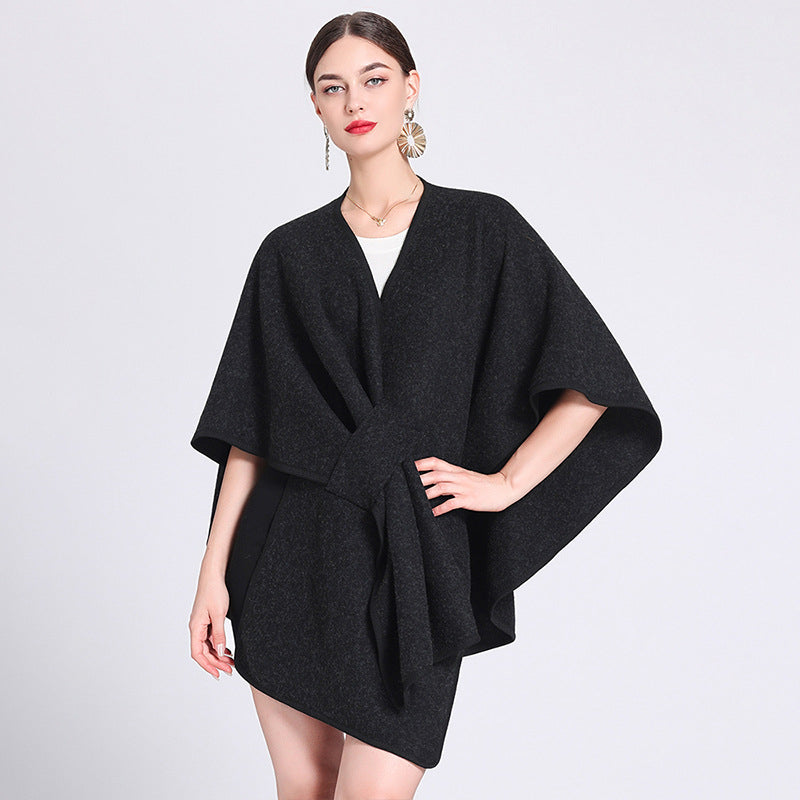 Black caped fleece shawl with V-neck and waist tie, oversized poncho drape.