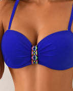 Blue underwire bikini top with colorful woven center trim
