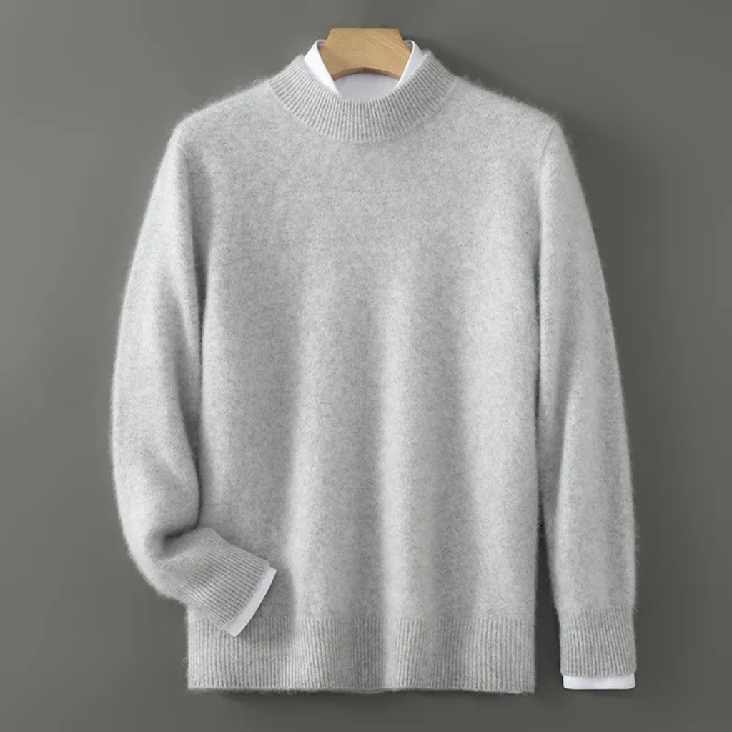Light grey cashmere mock-neck jumper with ribbed cuffs and straight hem.
