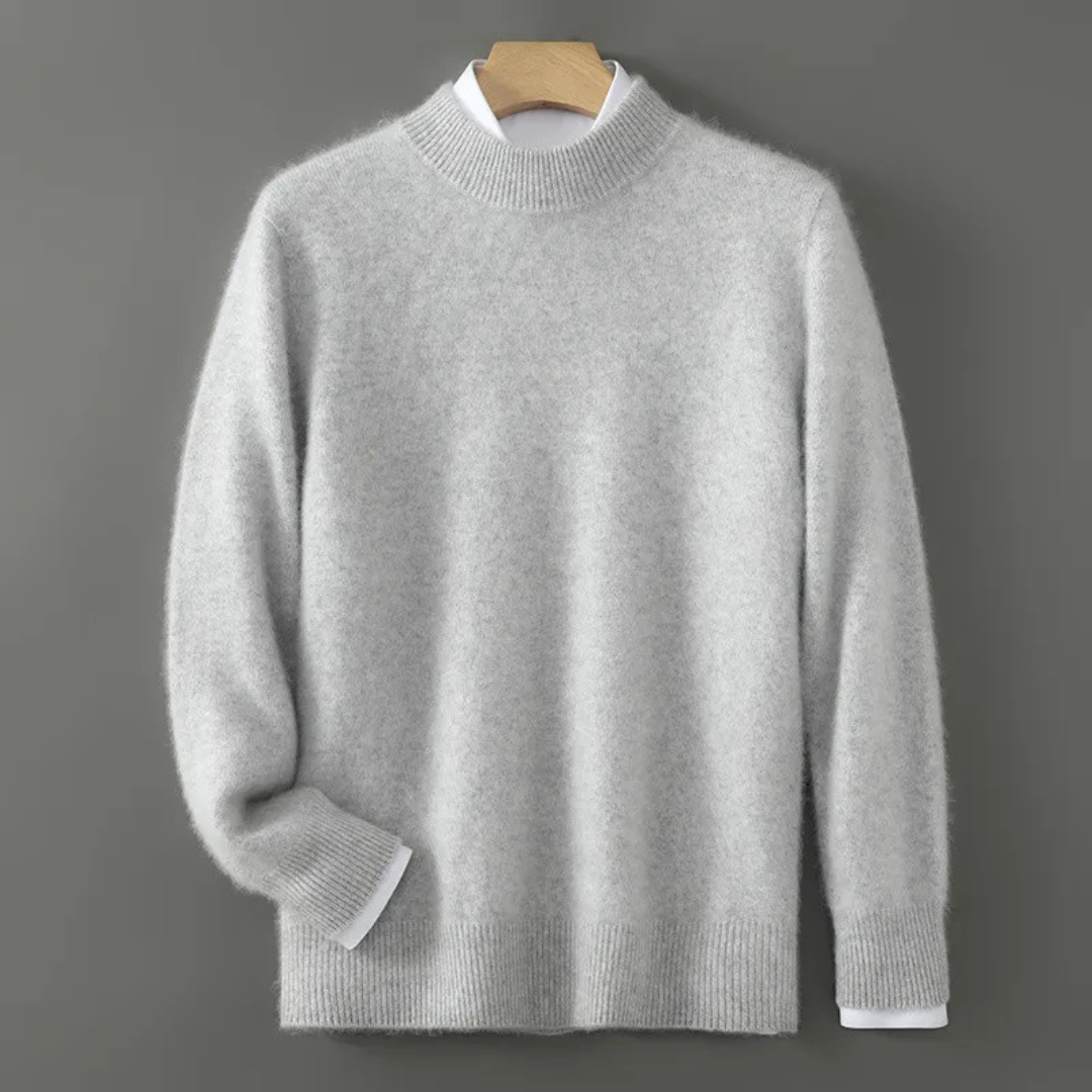 Light grey cashmere mock-neck jumper with ribbed cuffs and straight hem.