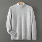 Light grey cashmere mock-neck jumper with ribbed cuffs and straight hem.