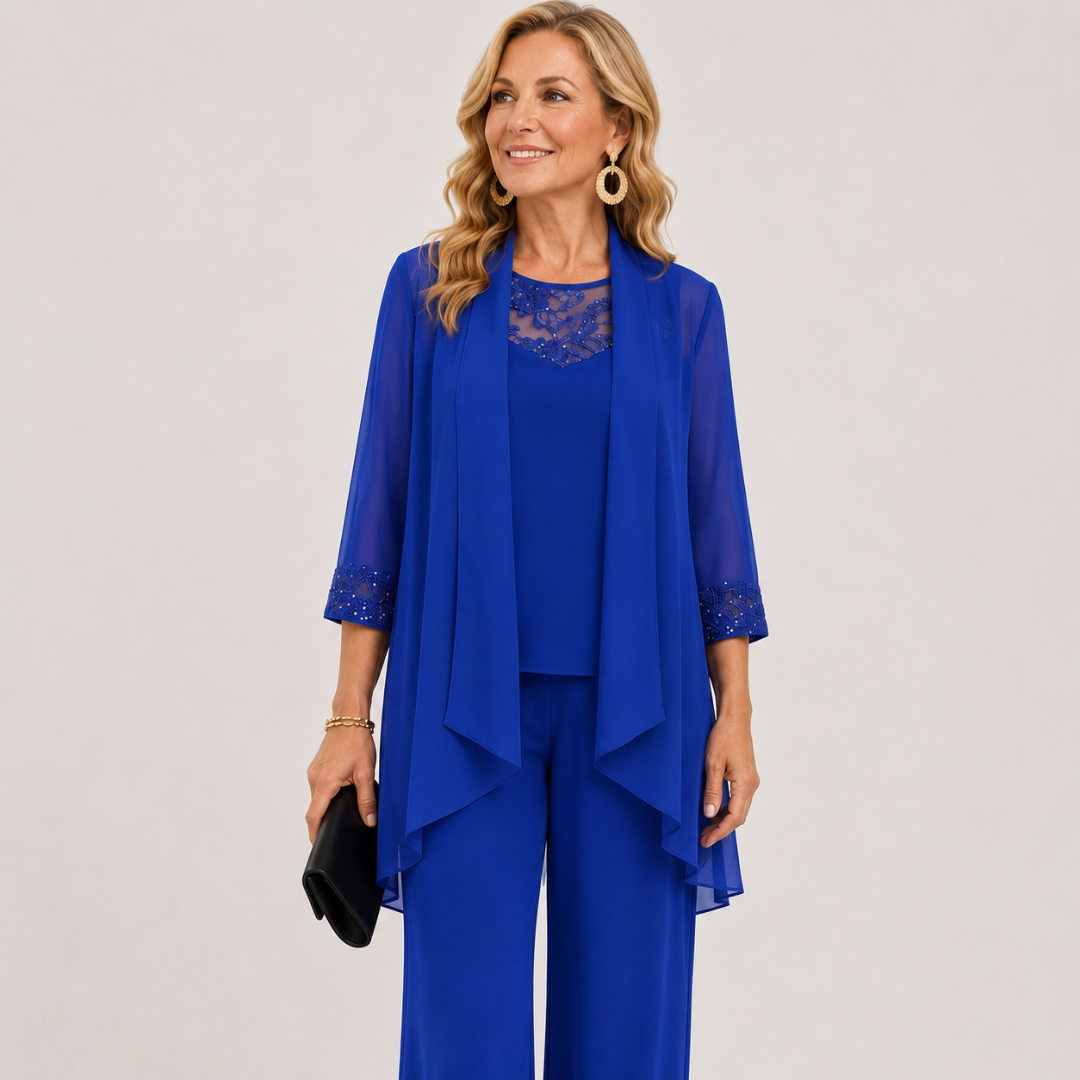 Blue flowing jacket and wide-leg pants set with lace neckline and layered front