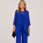 Blue flowing jacket and wide-leg pants set with lace neckline and layered front