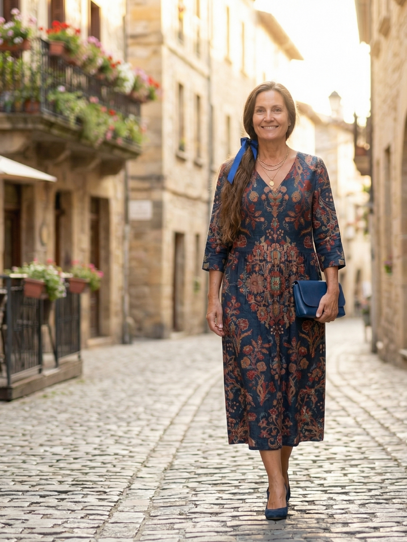 Blue floral midi dress with three-quarter sleeves, bow detail, holding a clutch