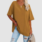 Brown V-neck t-shirt with short sleeves, loose drape and side-tuck detail.