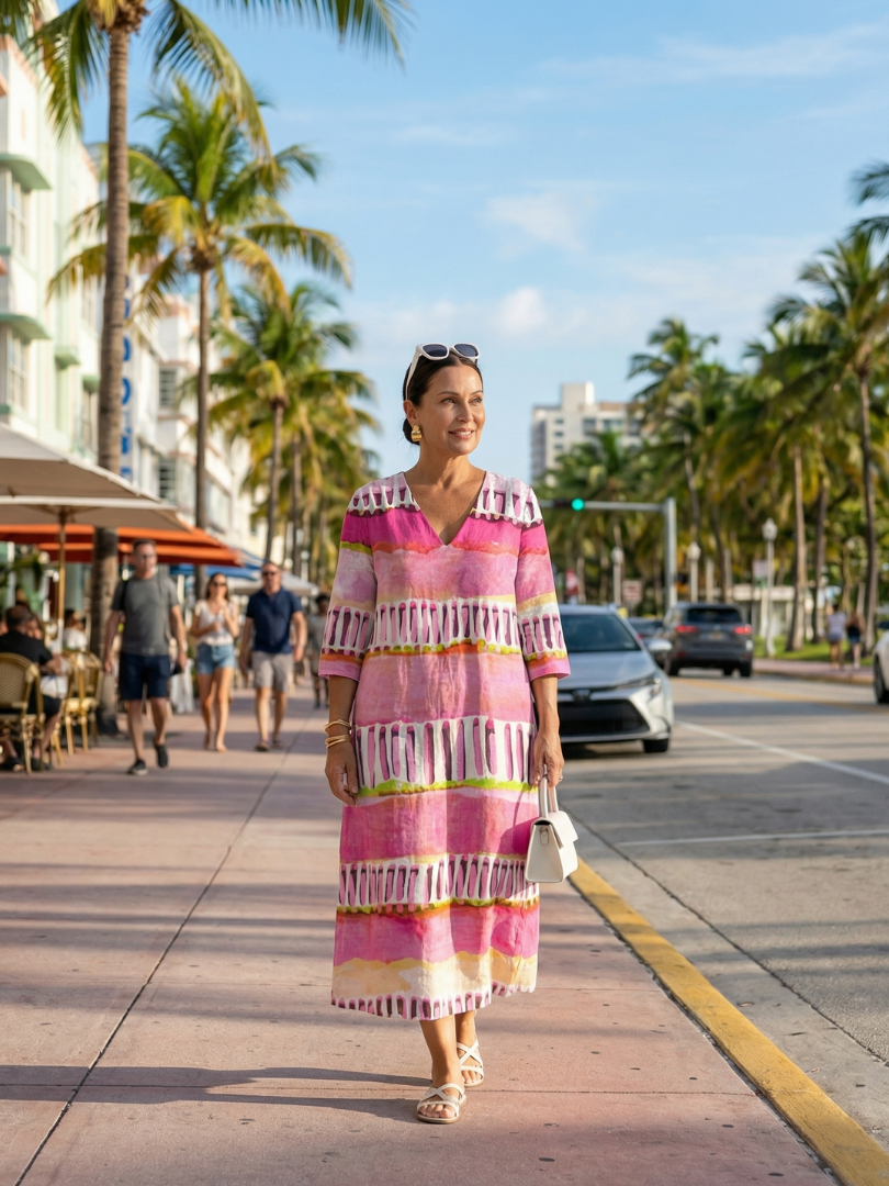 Pink striped tiered midi dress with V-neck and tassel trim, walking