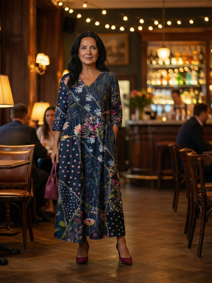 Blue floral midi dress with V-neck, gathered waist, and three-quarter sleeves