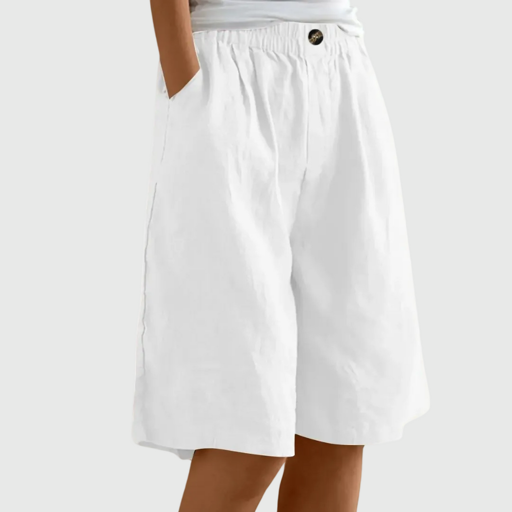 Loose-fit elastic waist shorts in white with button detail at waistband
