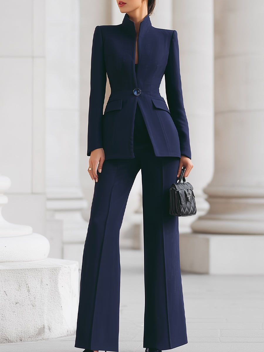 Navy blazer with button detail and wide-leg trousers, two-piece set