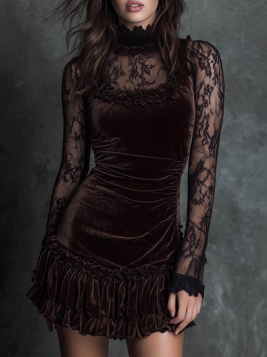 Dark brown velvet mini dress with lace sleeves, high neck, and ruffled hem