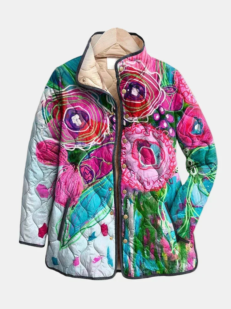 Multicolour floral patterned puffer jacket with zip front and hood